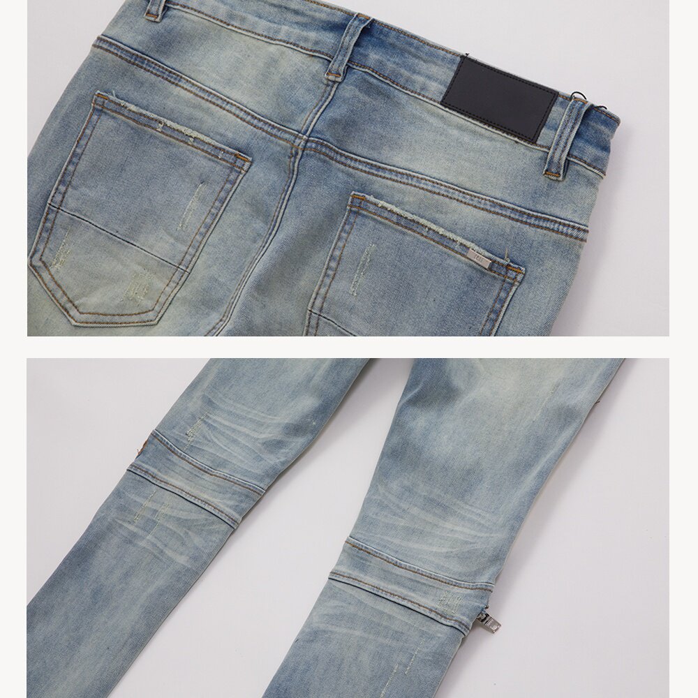 fogamiri黄泥破洞做旧拼皮牛仔裤slp欧美潮牌高街牛仔裤