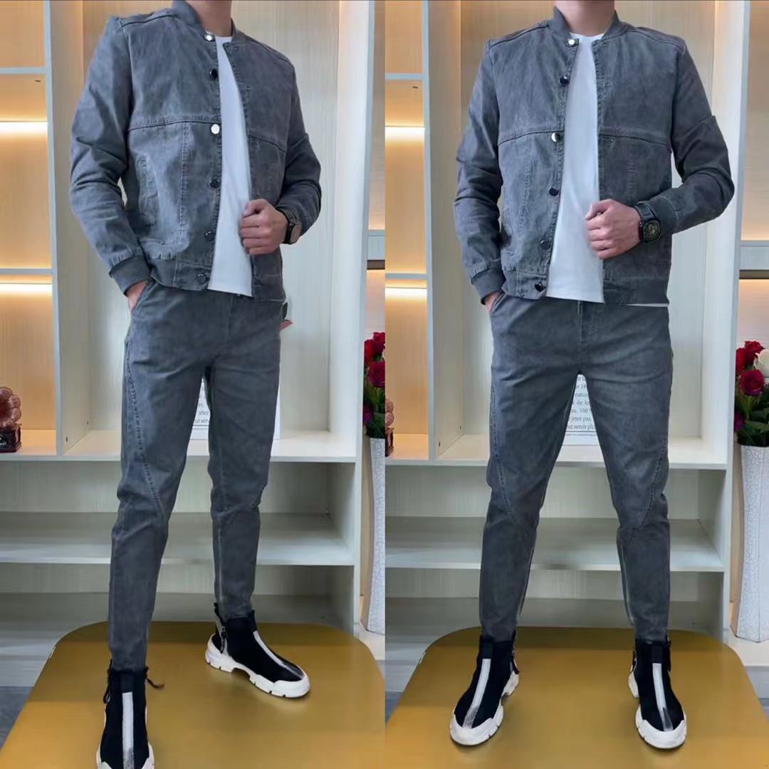 2012春季新款男士牛仔套装休闲时尚水洗面料圆领长袖裤子男两件套