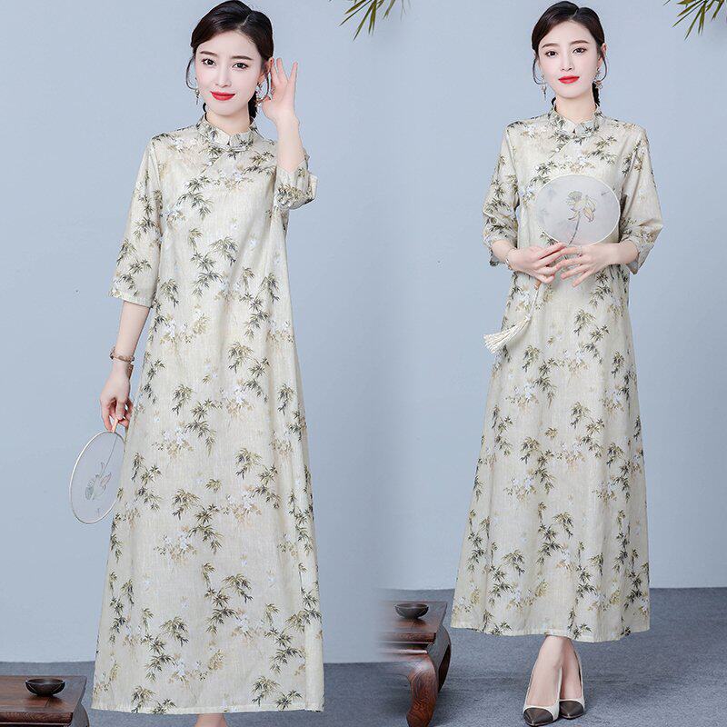 旗袍改良版连衣裙夏新款复古中式女装文艺长裙立领中国风苎麻裙子