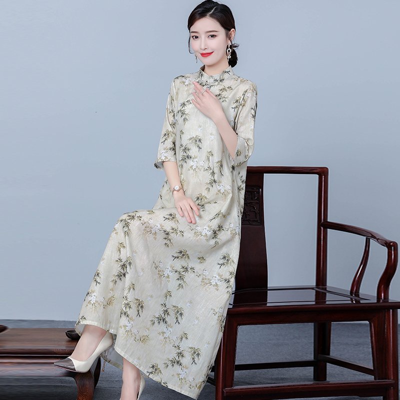 旗袍改良版连衣裙夏新款复古中式女装文艺长裙立领中国风苎麻裙子