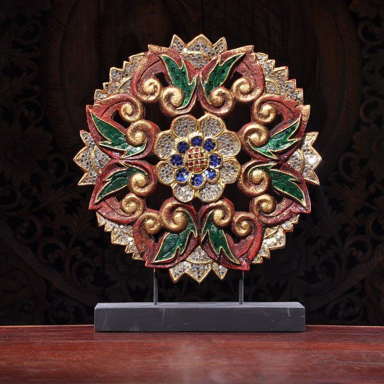 原木木雕镂空雕花亮片泰国手工艺品泰式家装客厅摆件