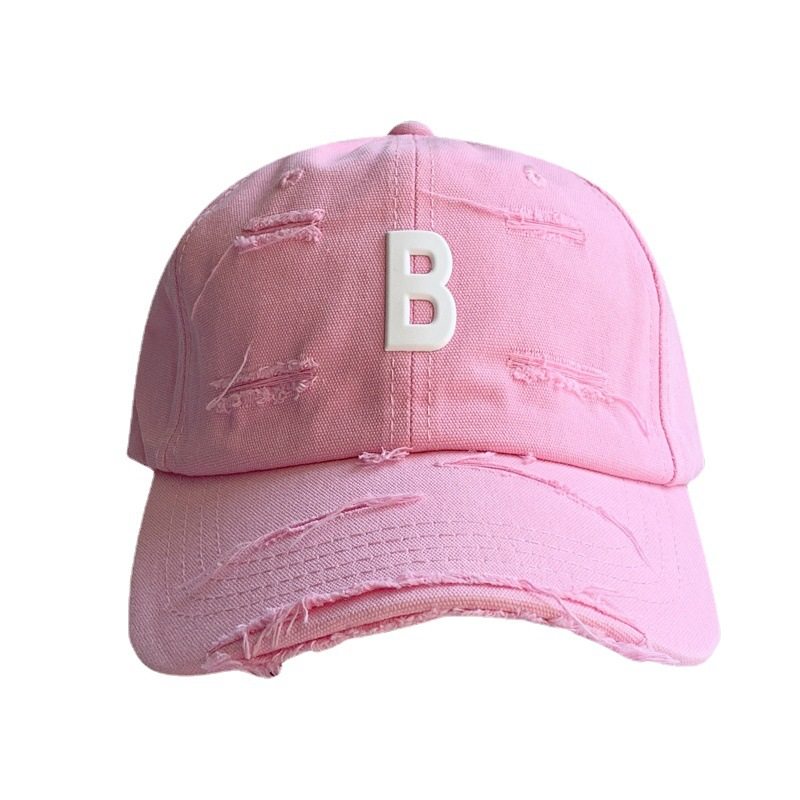 粉色棒球帽女春夏韩版ins字母b标破洞做旧磨边帽子软顶遮阳鸭舌帽