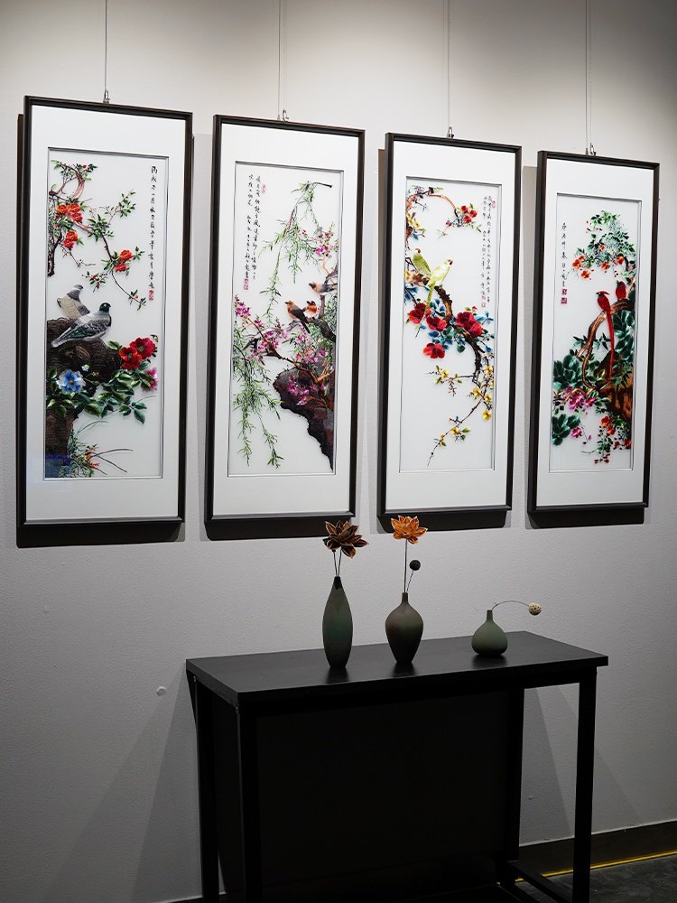颜栢花鸟四条客厅装饰画手工刺绣沙发背景墙电视墙苏绣