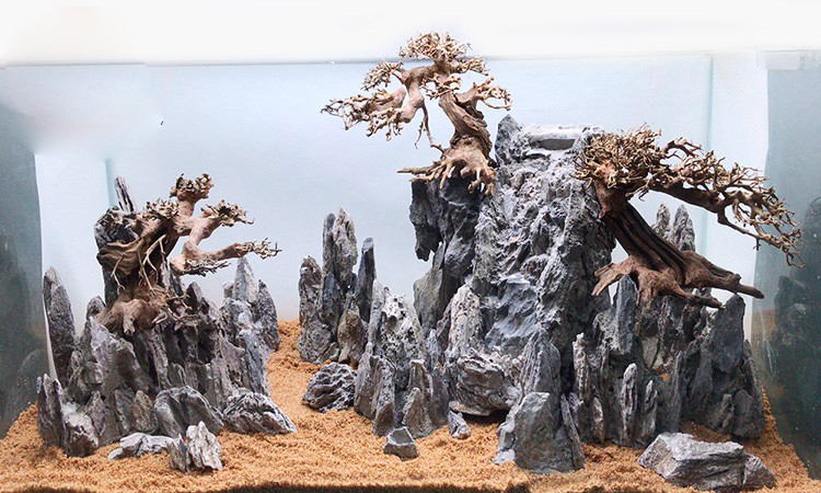 瀑布鱼缸流沙布景草造造成成品假山山草水缸造景
