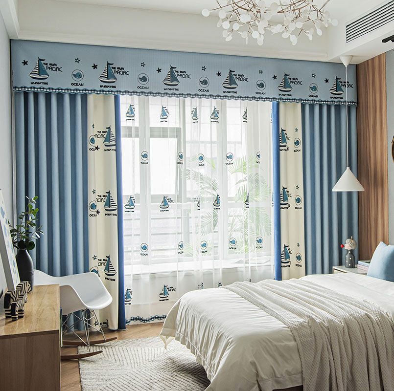 男孩窗帘儿童房全遮光棉麻蓝白飘窗落地地中海定制窗帘