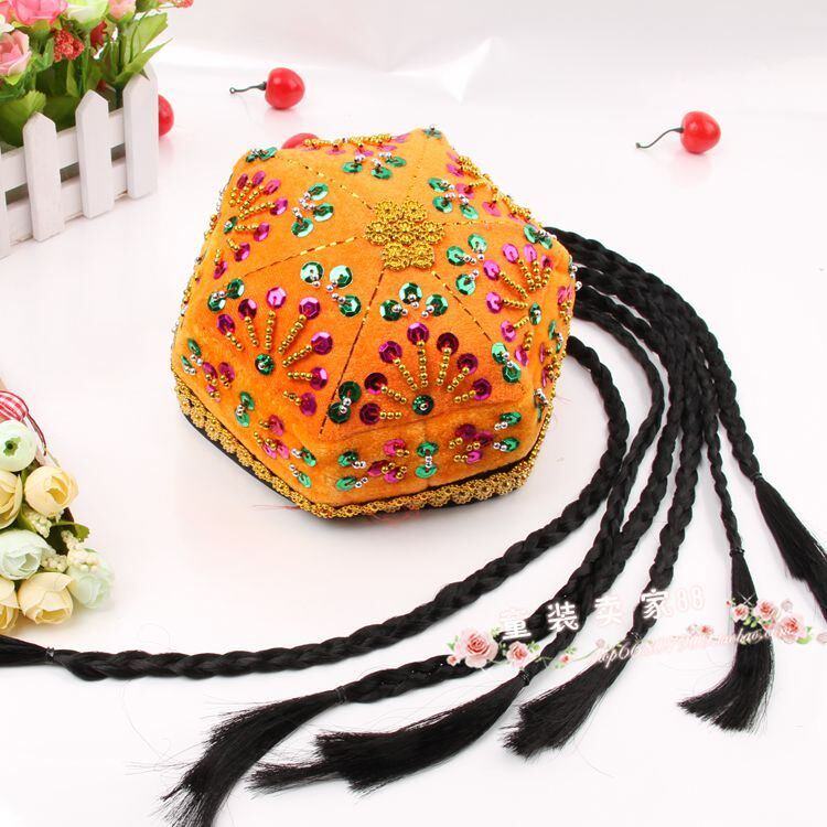 少数民族儿童节新疆维吾尔族六角帽子蒙古帽带辫子子女帽子