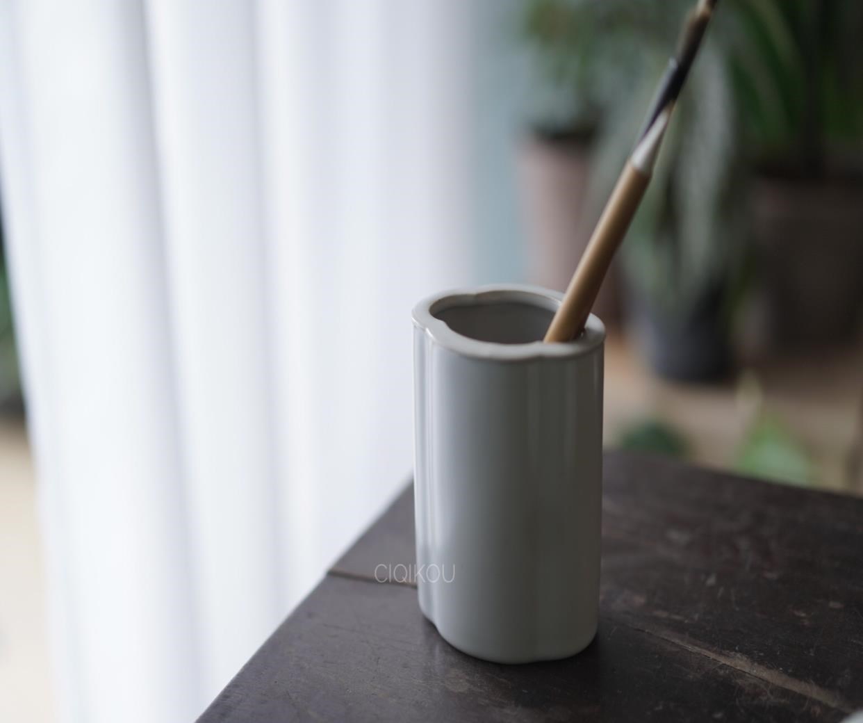 笔筒陶泥汝釉海棠文房书画礼品陶瓷桌面笔筒