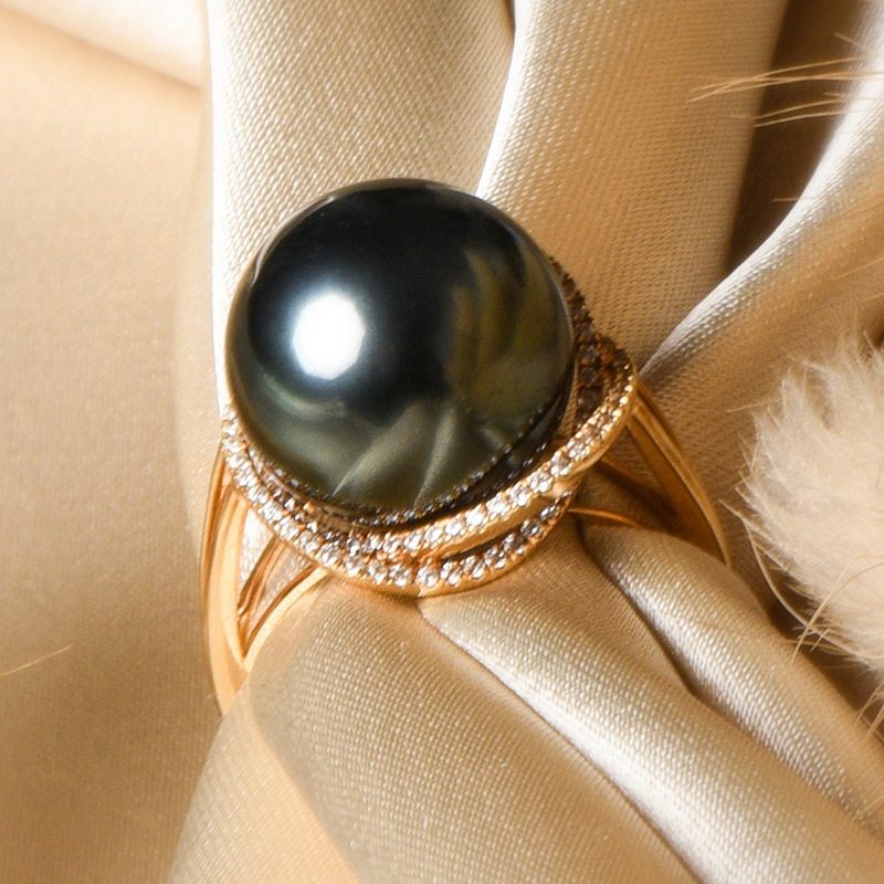 鑫润黑珍珠孔雀强光指环海水戒指18k大溪华大手饰