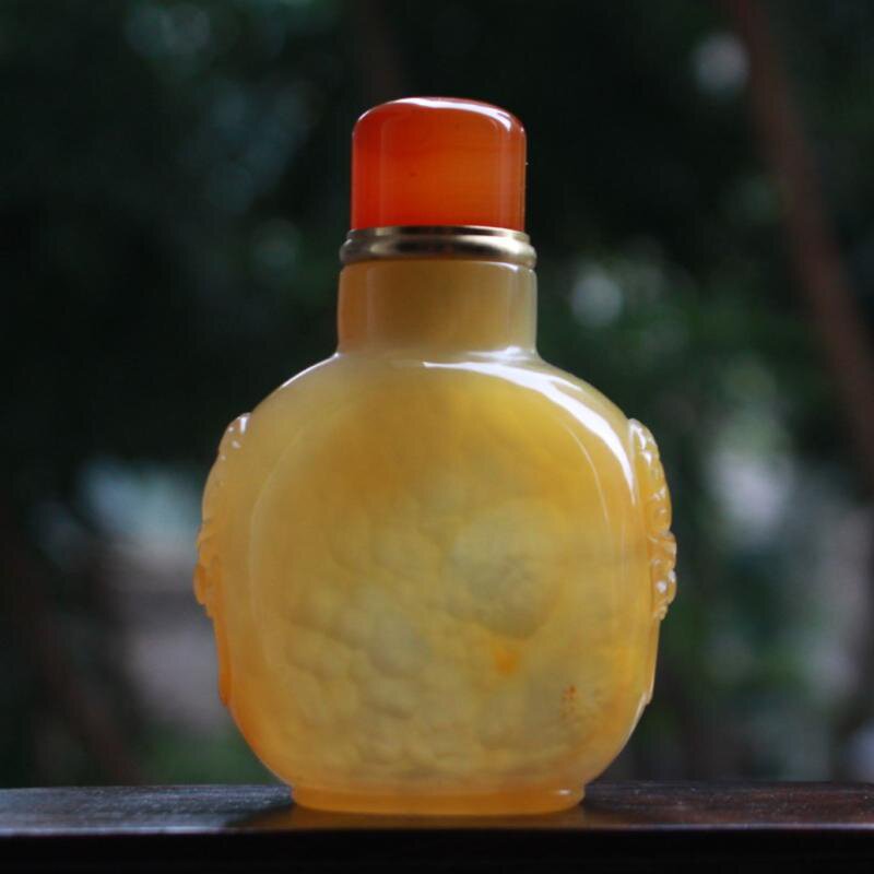 蒙古族特色鼻烟壶兽耳高盖薄堂铜木质口带勺老料玛瑙内画鼻烟壶