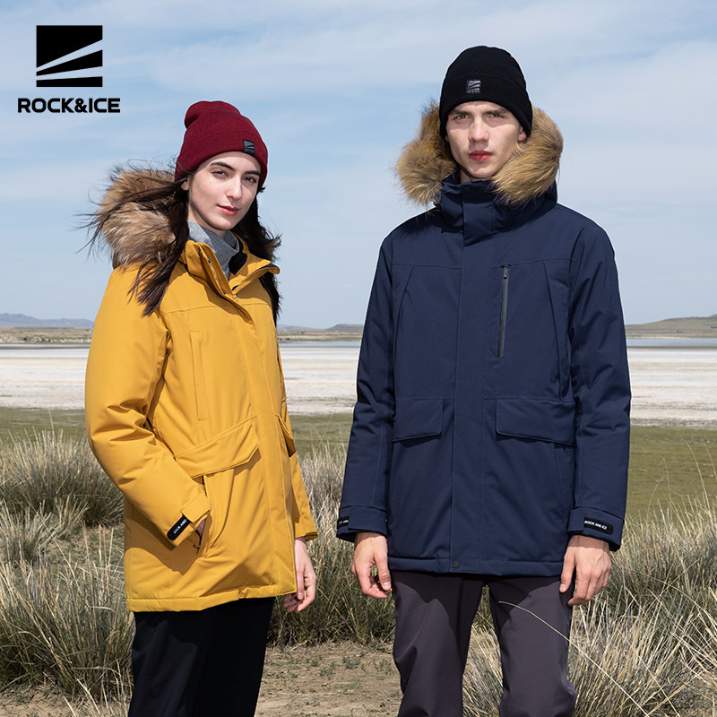 rockice羽绒服女2021新款户外连帽中长款羽绒衣男外套登山防寒服y