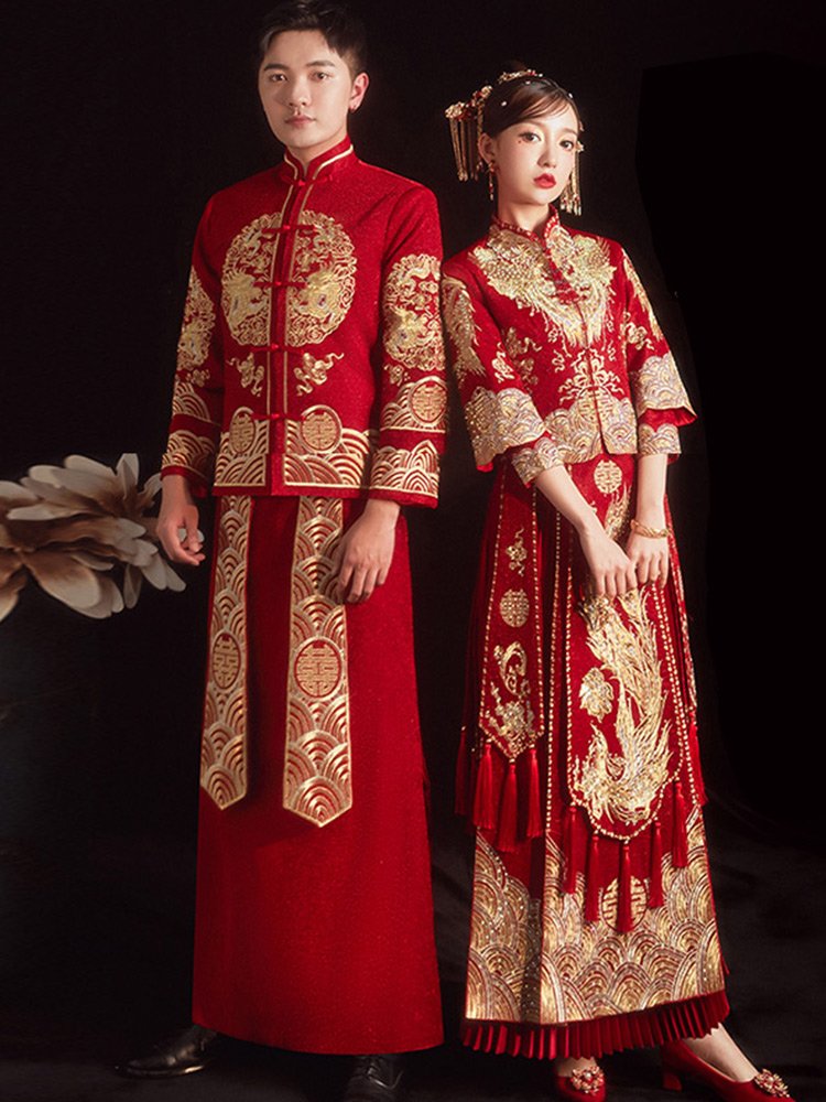 秀禾服情侣套装结婚大码新娘胖mm夏季薄款显瘦出阁服中式婚纱礼服