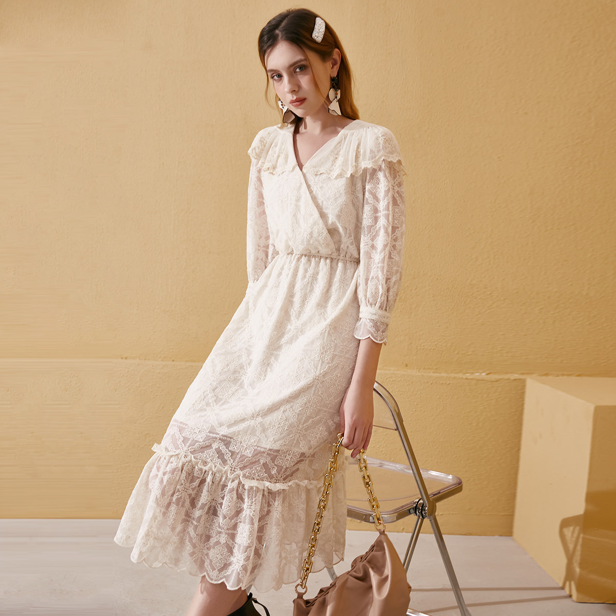 missli2021秋装新款蕾丝长袖连衣裙女11030102l