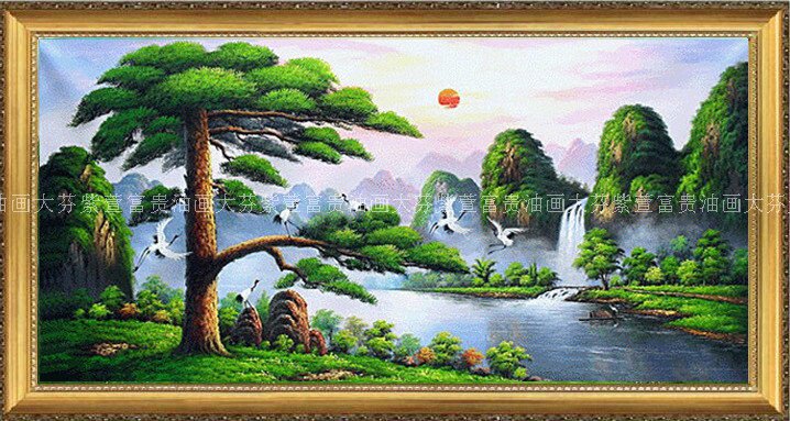 手绘迎客松财源滚滚风景油画客厅酒店别墅餐厅油画