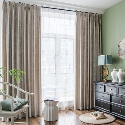 窗帘新中式落地卧室客厅米色遮光成品精密提花定制窗帘