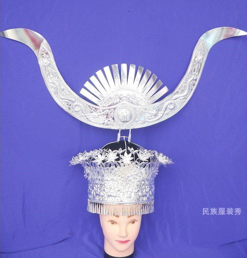 贵州苗族侗族银饰头饰银帽凤冠中号帽子新款苗族长角帽