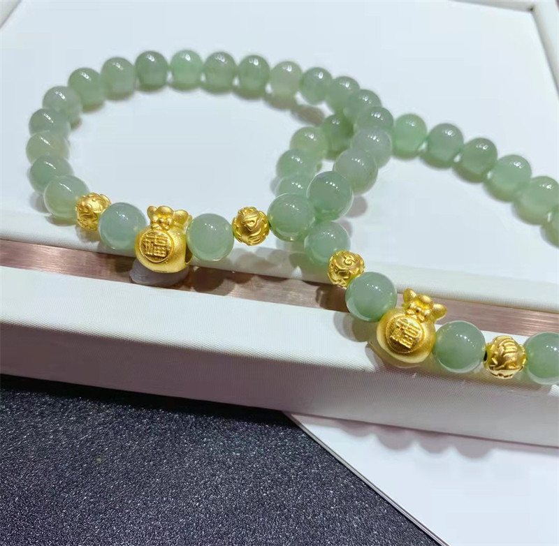 龙创珠手串翡翠金珠箴言六字3d硬金金珠宝福袋手饰
