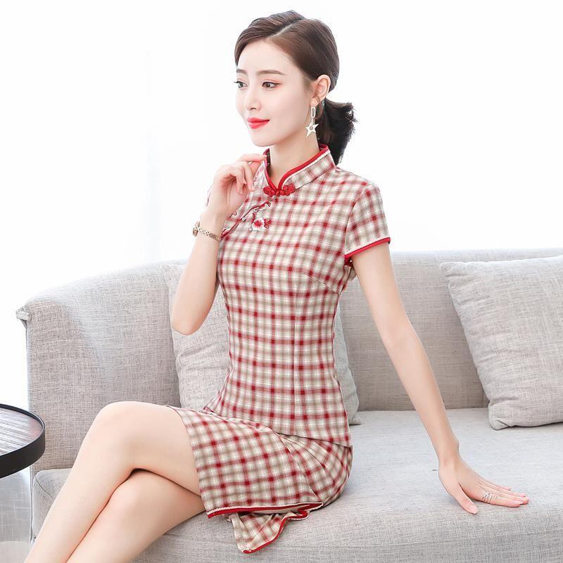 刺绣格子改良旗袍2021新款中国风复古气质修身显瘦妈妈装连衣裙子