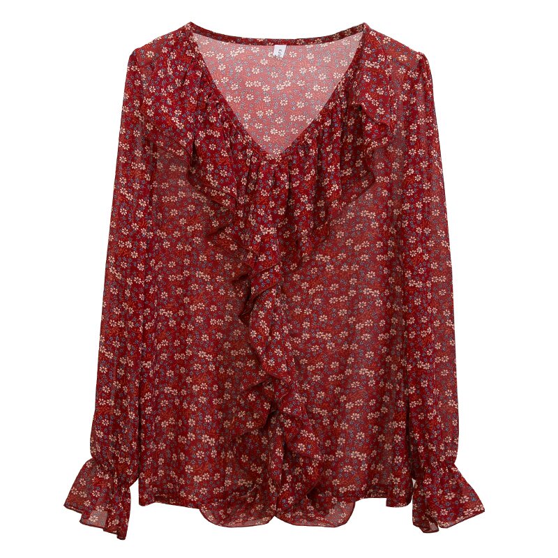 复古小碎花雪纺衫女韩版宽松显瘦喇叭袖衬衫v领荷叶边雪纺上衣潮