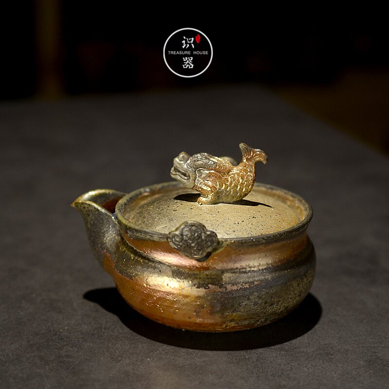 纯手工黎志升雕塑柴烧宝瓶壶日式备前烧手抓壶茶壶