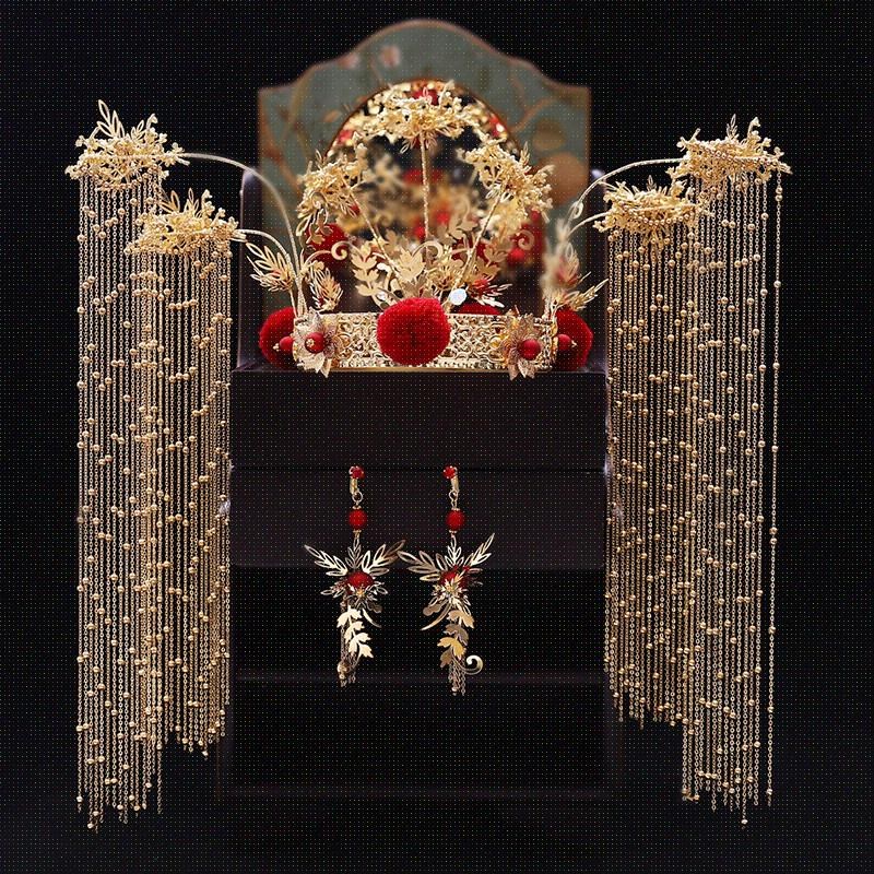 新娘中式秀禾头饰大气古装流苏凤冠霞帔结婚发饰秀禾服敬酒服配饰