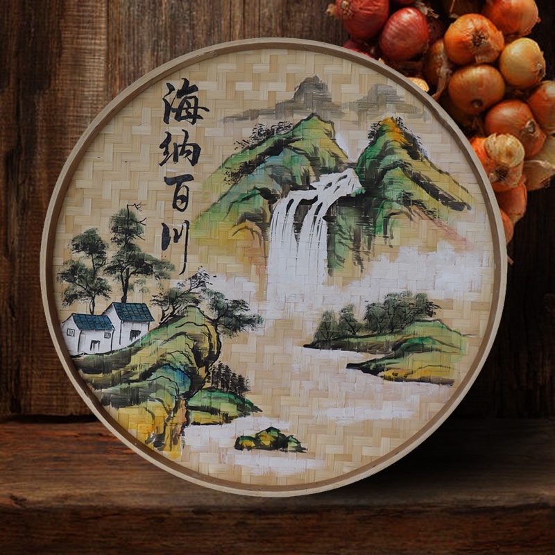 手绘簸箕手工编织竹编绘画农家乐店铺墙上挂饰工艺画