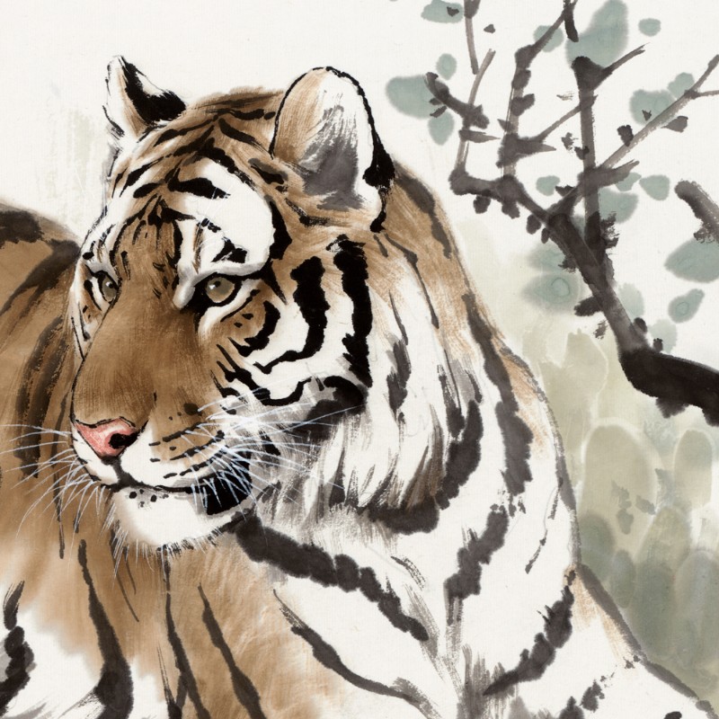 新万华绢布宣纸打印喷打清微高清微虎图卧虎意虎国画