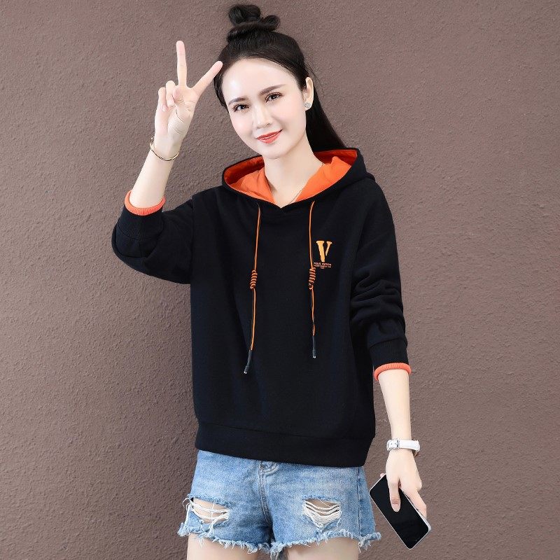 外套短款卫衣女春秋时尚女装洋气小个子戴帽运动橙色卫衣