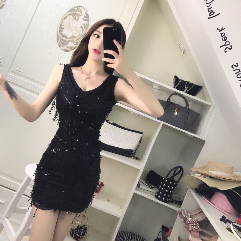 夜场ktv夜店装桑拿技师女主播服装直播衣服亮片深v性感小姐连衣裙