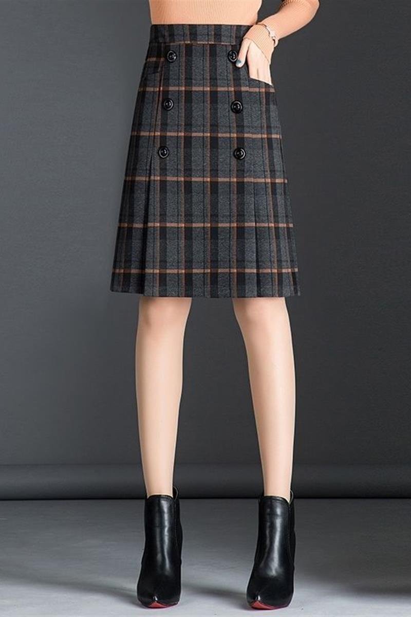 2019秋冬新款格子半身裙中长款a字裙大码冬裙高腰包裙女毛呢裙