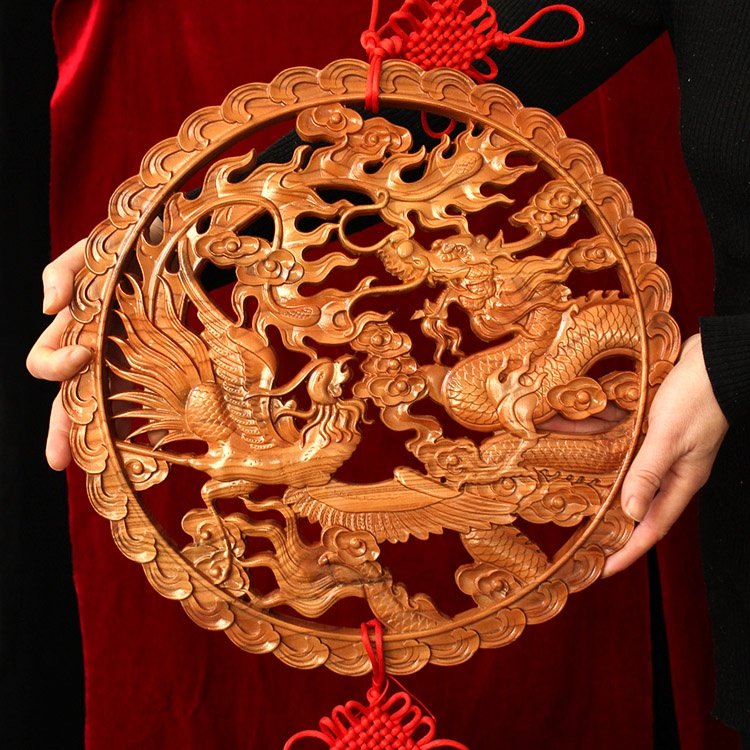 龙凤桃木八卦摆件龙凤呈祥夫妻和睦木雕