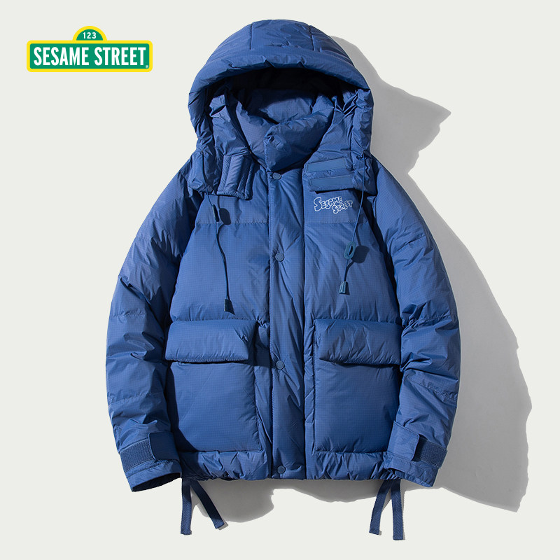 sesamestreet芝麻街冬季保暖羽绒服美式高街多口袋连帽羽绒服