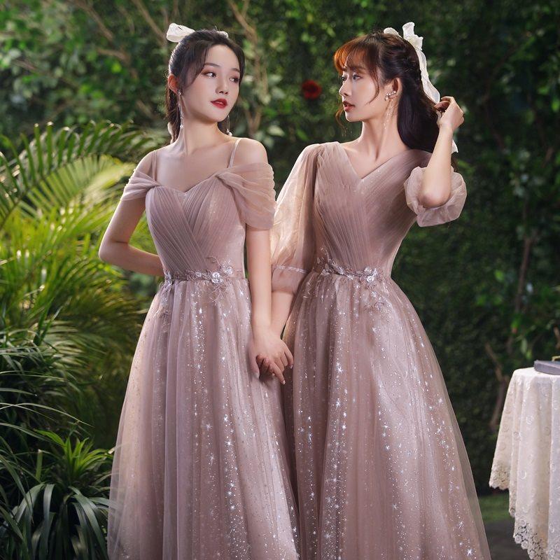 咖啡色伴娘服2021新款夏季姐妹团婚礼仙气质伴娘裙子轻礼服女长款