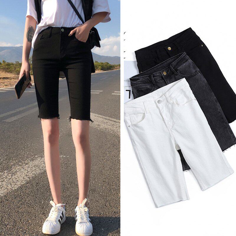 2021年夏高腰五分牛仔裤女紧身弹力骑行中裤网红薄款短裤显瘦马裤