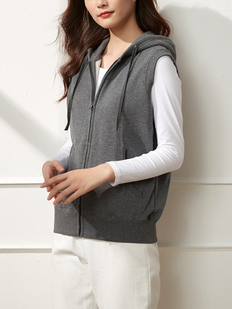 马甲女春秋新款运动休闲拉链连帽纯棉无袖薄款背心外穿马夹外套