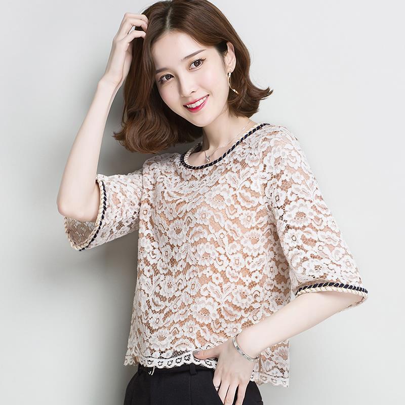 搭配半袖蕾丝喇叭宽松镂空短款阔腿袖短五分蕾丝衫