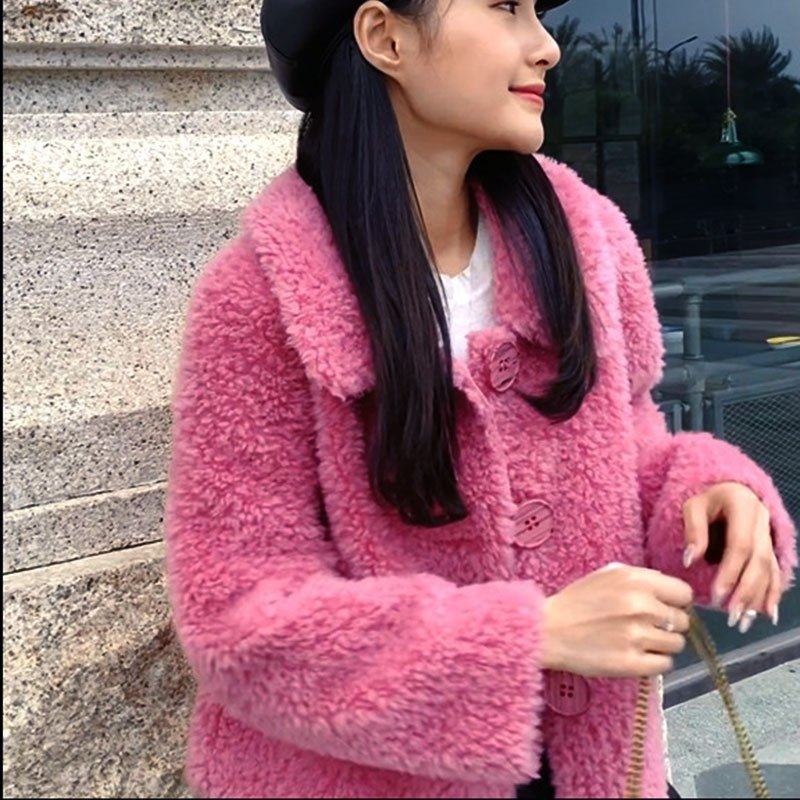 反季颗粒羊剪绒大衣女皮毛一体短款2020玫粉色皮草羊羔毛外套女冬