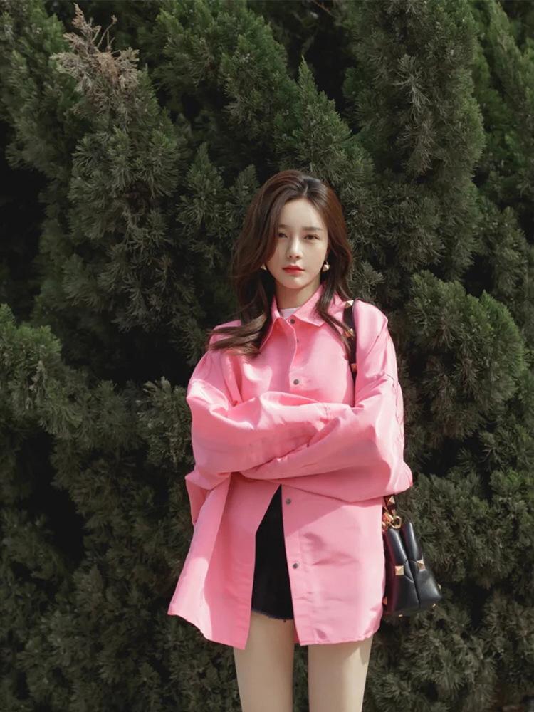 沈梦辰同款衬衫女粉色宽松上衣2021外套长q袖新款明星设计感风衬