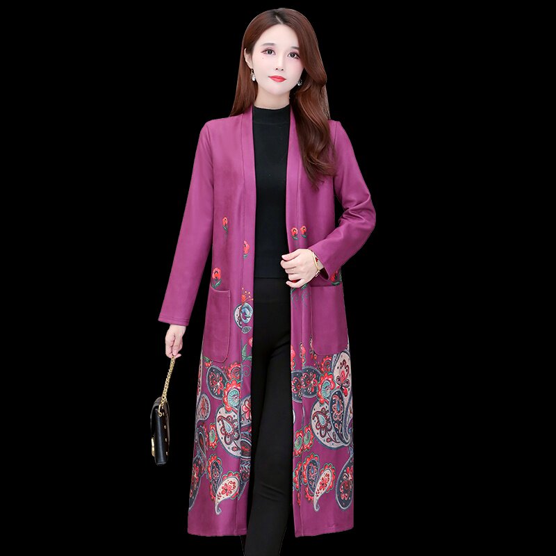 鹿皮绒风衣女中长款秋冬气质时尚印花洋气妈妈大码民族风开衫外套