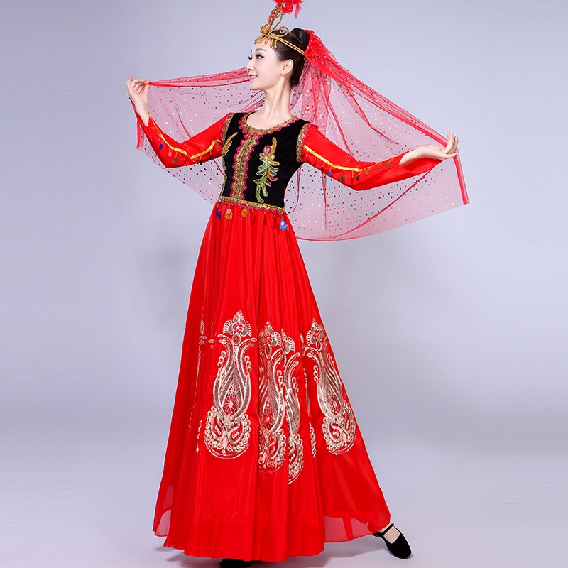 春季新疆舞服装女开场舞大裙摆演出服舞蹈裙新款古典扇子舞服装