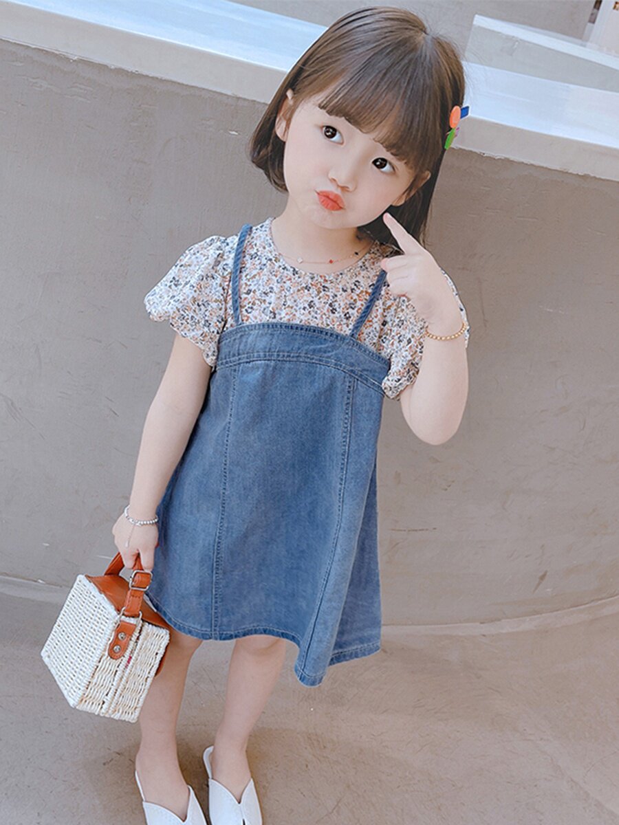 女童夏季连衣裙2021新款儿童短袖碎花公主裙女宝宝夏装时髦牛仔裙