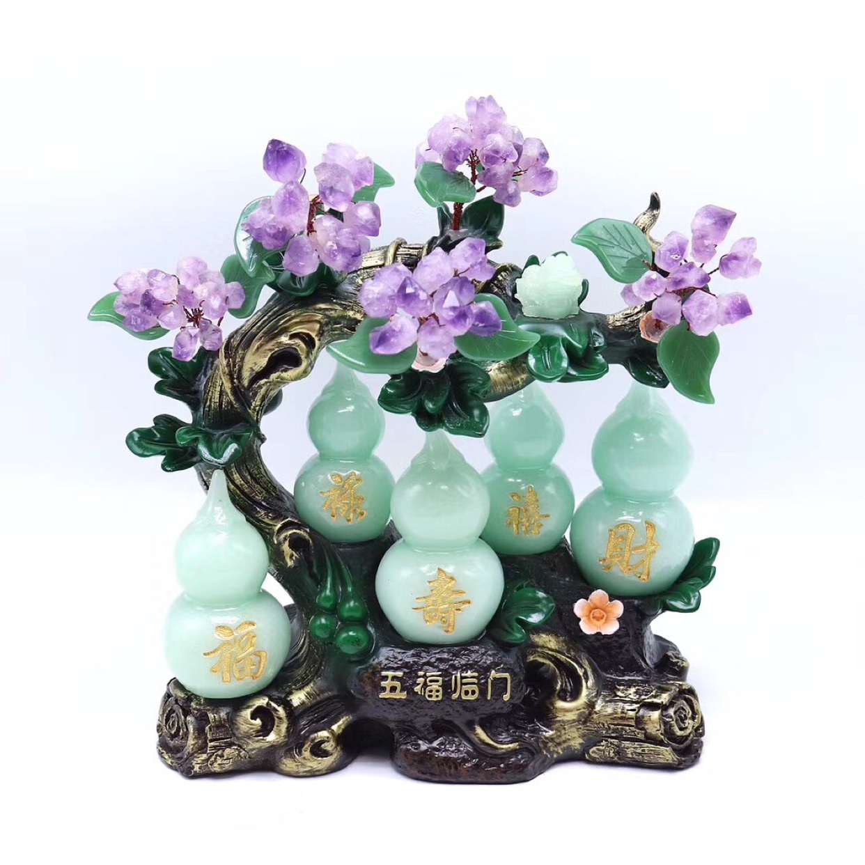 招财五福福临门天然原矿紫水晶葫芦平安吉祥花开富贵摆件