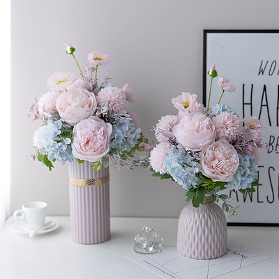 高档粉嫩文艺束国色m天香仿真绢花艺术花厅摆件餐桌色陶瓷客瓶ins