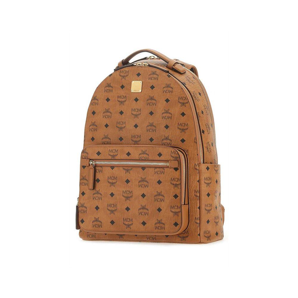 欧洲直邮mcm棕色徽标拉链双肩包潮流百搭质感双肩背包