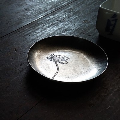 浅茶纯清纹堂喜刻托莲壶文锤錾锡承器采手锤人图圆茶托