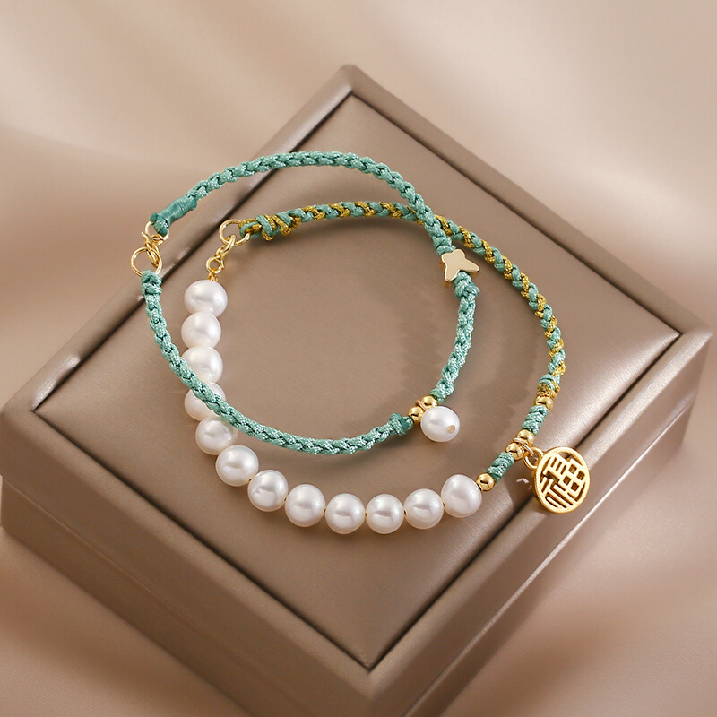 福牌自律手链天然珍珠简约复古编织蝴蝶手串手链