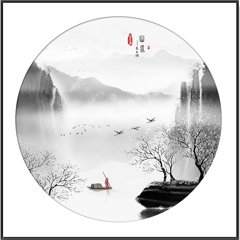 正方形新中式禅意山水挂画玄关过道装饰画圆形客厅现代装饰画
