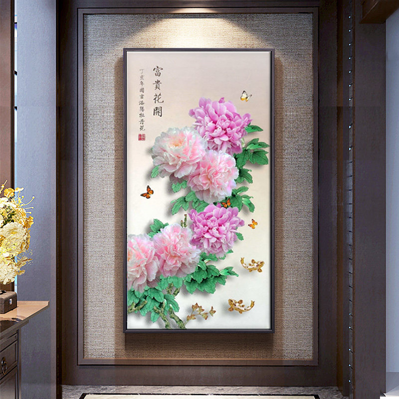 背景墙牡丹玄关进门过道走廊挂画花开富贵中式新中式现代装饰画
