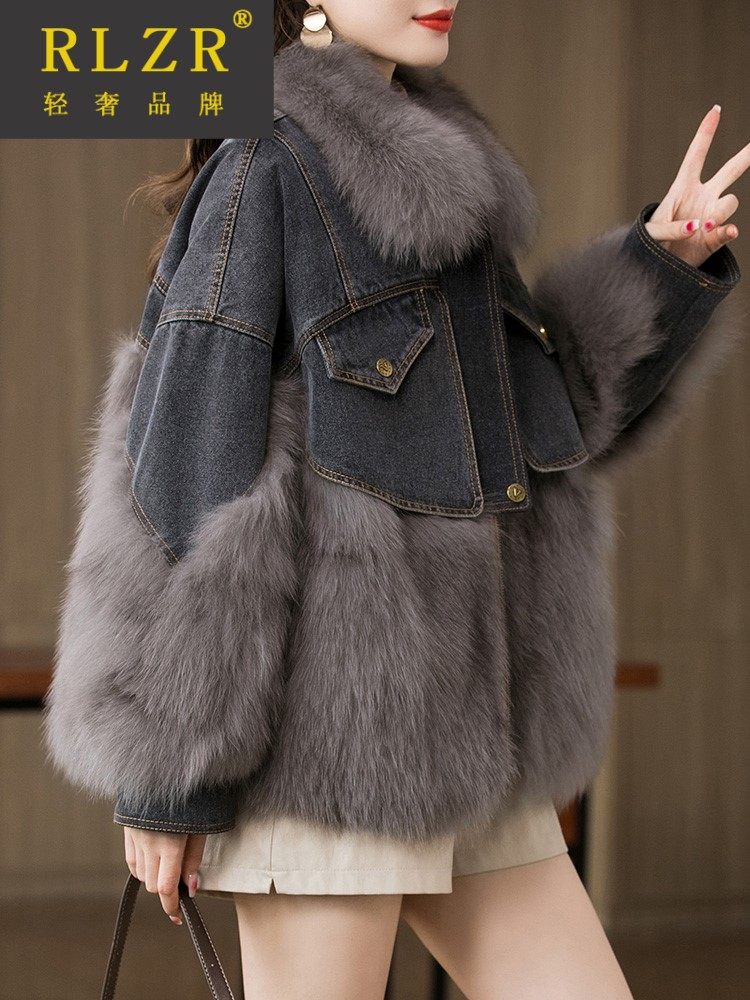狐狸毛皮草皮草短款皮毛一体大衣牛仔拼接羽绒服皮草