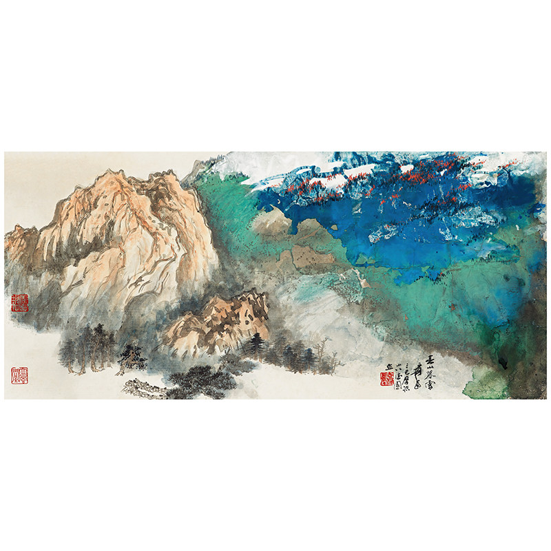 张大千春山暮雪青绿山水泼墨墨画写意抽象国画国画