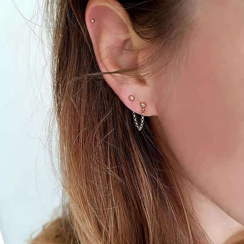 耳链双耳耳钉一体式耳环时尚简约气质14k包金不掉耳环